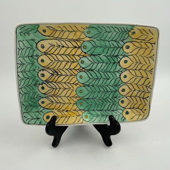 Other - Rectangular Ceramic Trinket Dish with Yellow and Green Feathers